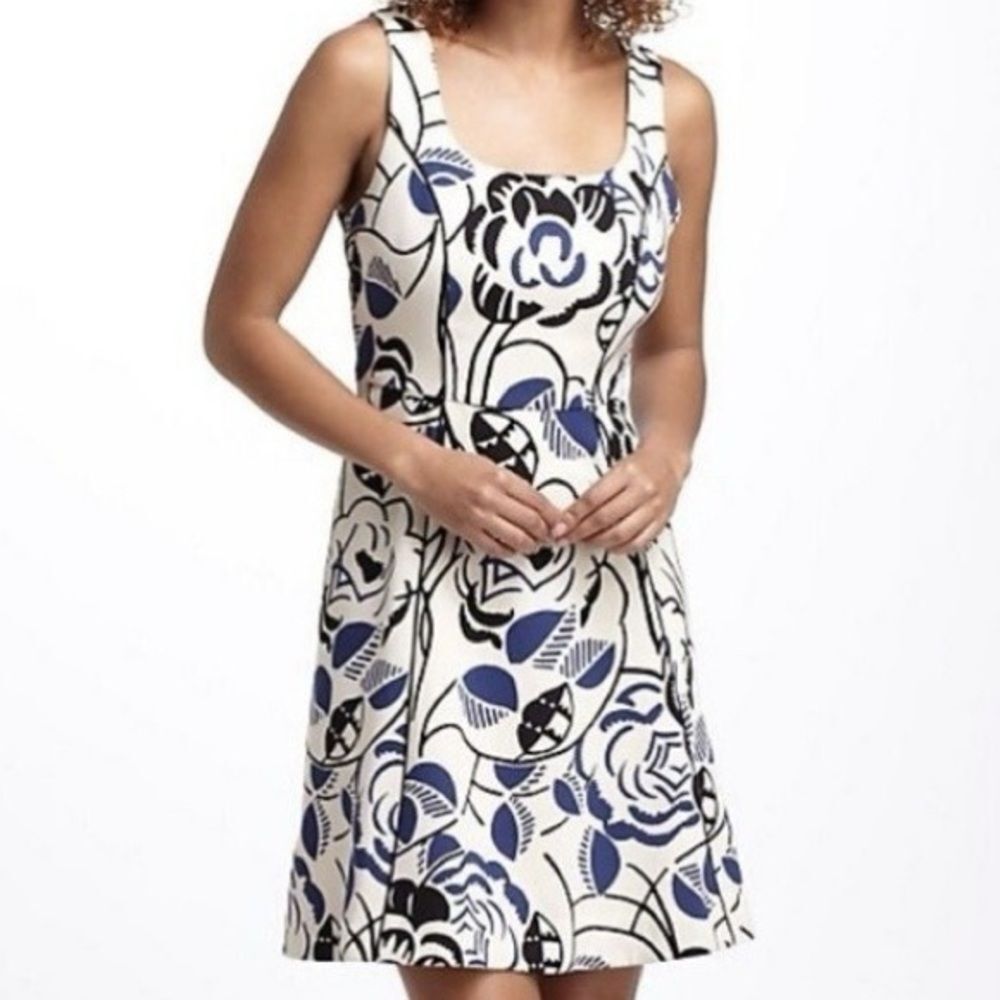 Anthropologie Vanessa Virginia Ink Blooms Floral Print Fit and Flare Dress